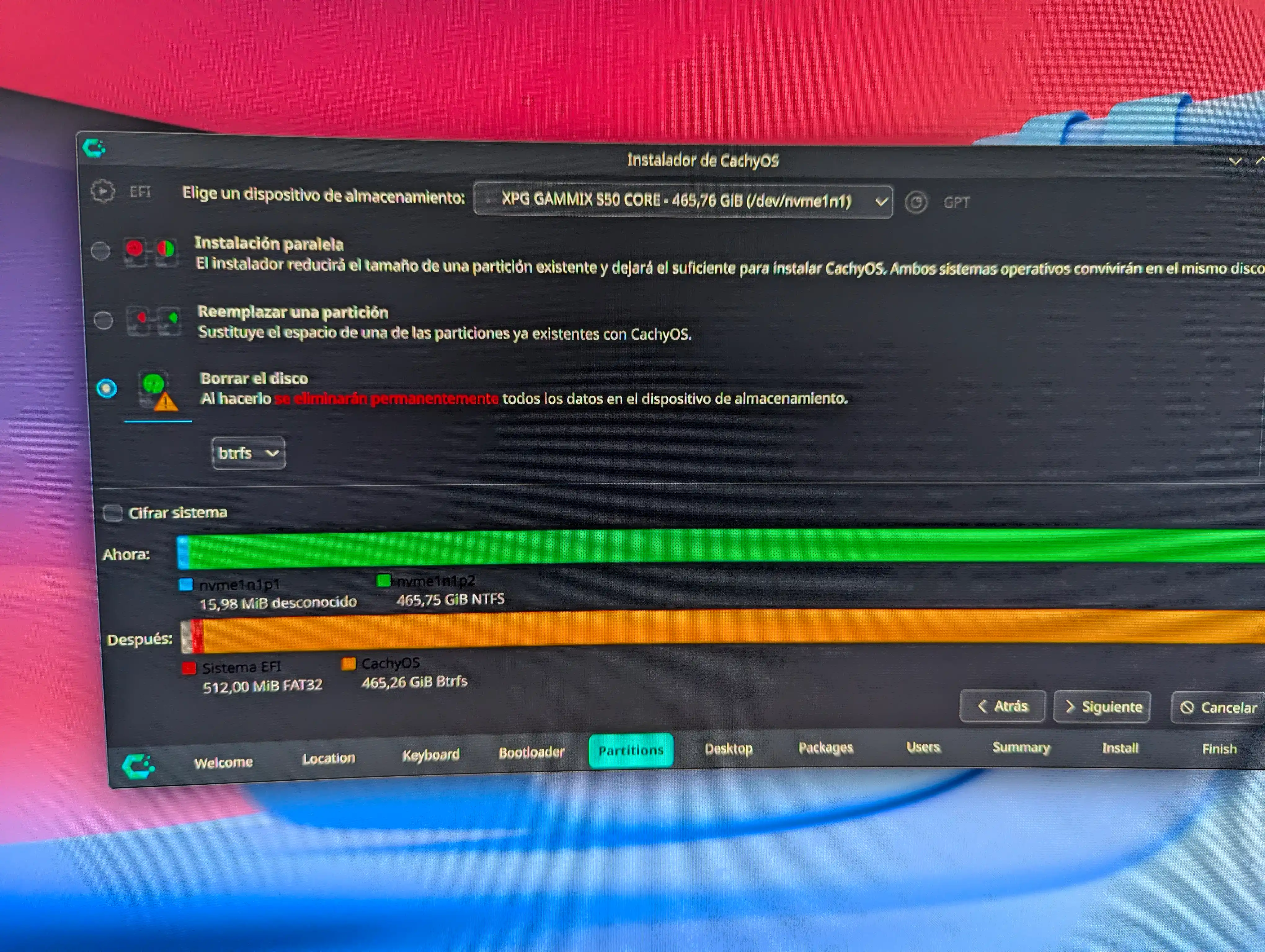 Seleccionar disco para instalar